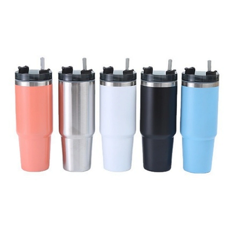 30 OZ 900 ML double wall stainless steel vacuum insulated thermos mug with plastic lid and straw